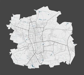 Lodz map. Detailed map of Lodz city poster with streets, water. - obrazy, fototapety, plakaty