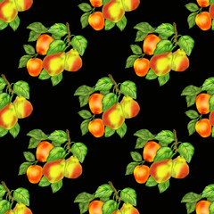Seamless background with the image of fruit. Gifts of nature in a chaotic arrangement close-up. Theme of summer and healthy food. Illustration for printing on paper or fabric.