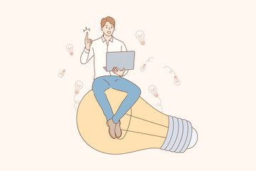 Thinking, idea, success, search, business concept. Young happy smiling businessman guy clerk manager character sitting on light bulb. Creation of idea, problem or trouble solution and brainstorming.