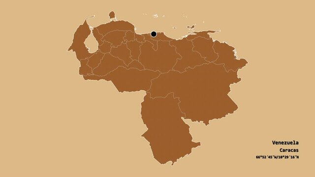 Monagas, state of Venezuela, with its capital, localized, outlined and zoomed with informative overlays on a solid patterned map in the Stereographic projection. Animation 3D