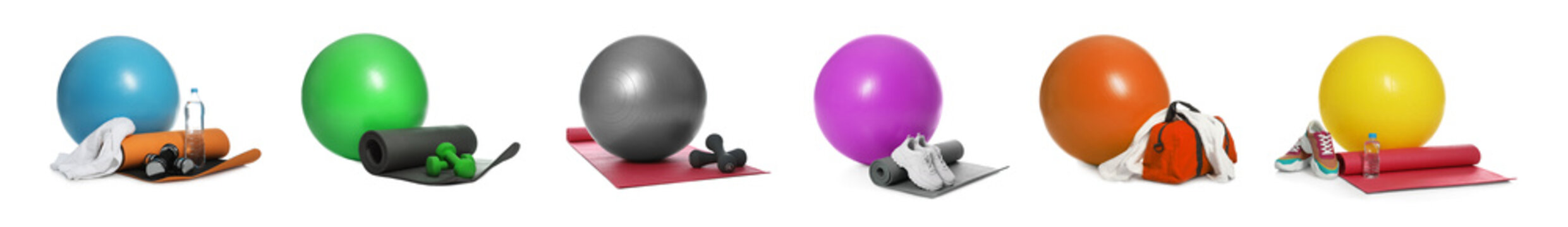 Set of fitness balls and other sport accessories on white background. Banner design