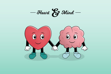 Heart and mind hold their hands and look each other. Vector simple illustration