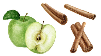 Cinnamon sticks and green apple watercolor illustration isolated on white background