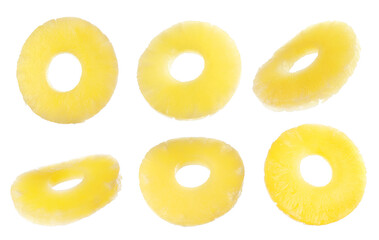Canned pineapple rings flying on white background, banner design