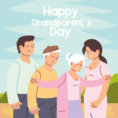 Fototapeta na wymiar happy family, granddaughter, grandson and grandparents celebrating grandparents day