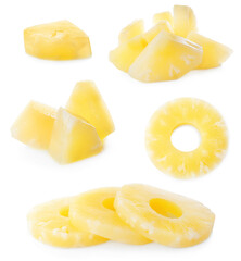Set of canned pineapple rings and pieces on white background