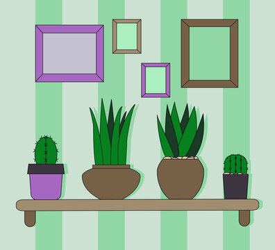 Vector illustration. The choice of images. Cacti in pots. Houseplant. Shelves with flower pots. Interior item.