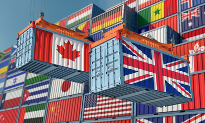 Freight containers with Canada and United Kingdom flag. 3D Rendering 