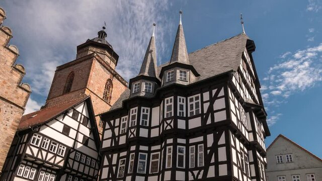 Timelapse - Moving clouds over the medieval town hall of Alsfeld, Hesse, Germany