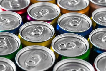 aluminum cans with carbonated water, energy drinks or beer. the view from the top - 366919296