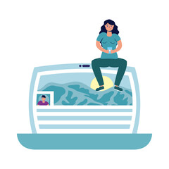 young woman using smartphone in laptop connecting technology character