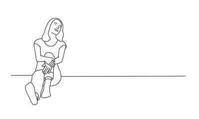 Young woman sit on the floor and look up. Line drawing vector illustration.