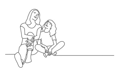 Mother and daughter sit on the floor and look up. Line drawing vector illustration.