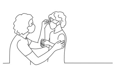 Mother and son or daughter wearing protective masks. Line drawing vector illustration.