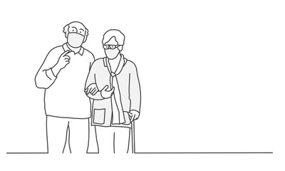 Old couple wearing protective masks. Line drawing vector illustration.