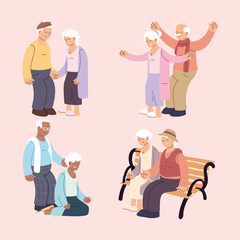 set of happy elderly couples, grandparents in different situations collection