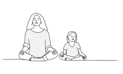 Mother and daughter are sitting on the floor in the lotus position. Line drawing vector illustration.