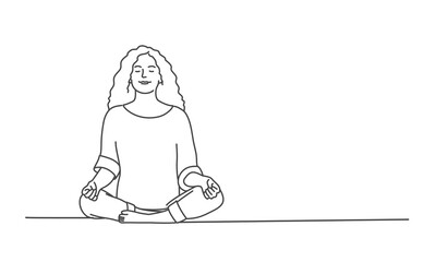 Young woman sitting on the floor in the lotus position. Line drawing vector illustration.