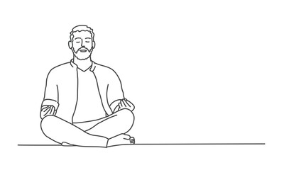 Young man sitting on the floor in the lotus position. Line drawing vector illustration.
