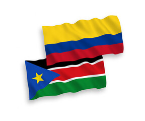 Flags of Republic of South Sudan and Colombia on a white background