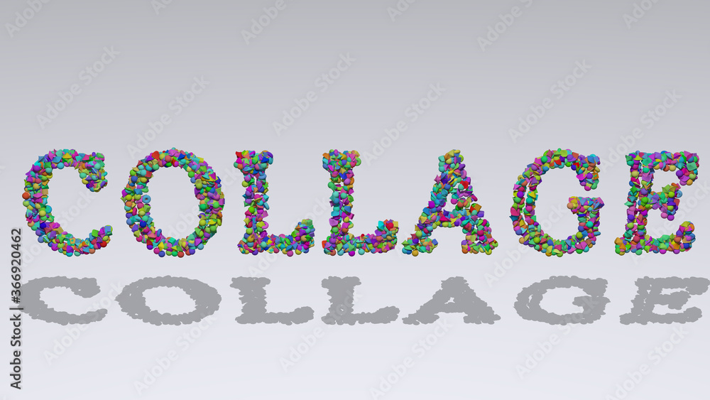 Poster colorful 3d writting of collage text with small objects over a white background and matching shadow.