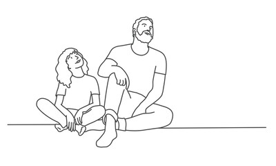 Father and daughter sit on the floor and look up. Line drawing vector illustration.