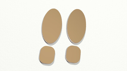 man shoes footprint on the wall. 3D illustration of metallic sculpture over a white background with mild texture. fashion and beautiful