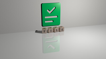 3D graphical image of FILE vertically along with text built by metallic cubic letters from the top perspective, excellent for the concept presentation and slideshows. illustration and icon