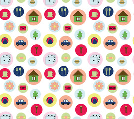 Children drawings seamless pattern. Background with car, house, cup, spoon, fork, sweets, hamburger, balls, cubes, with circles