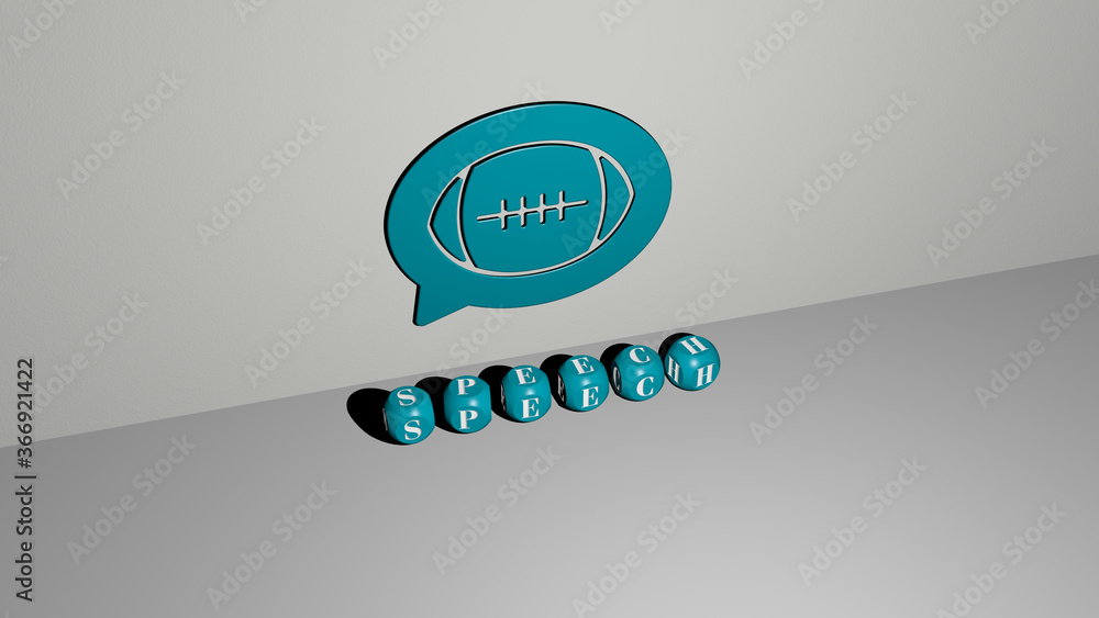 Poster 3D representation of SPEECH with icon on the wall and text arranged by metallic cubic letters on a mirror floor for concept meaning and slideshow presentation. illustration and bubble