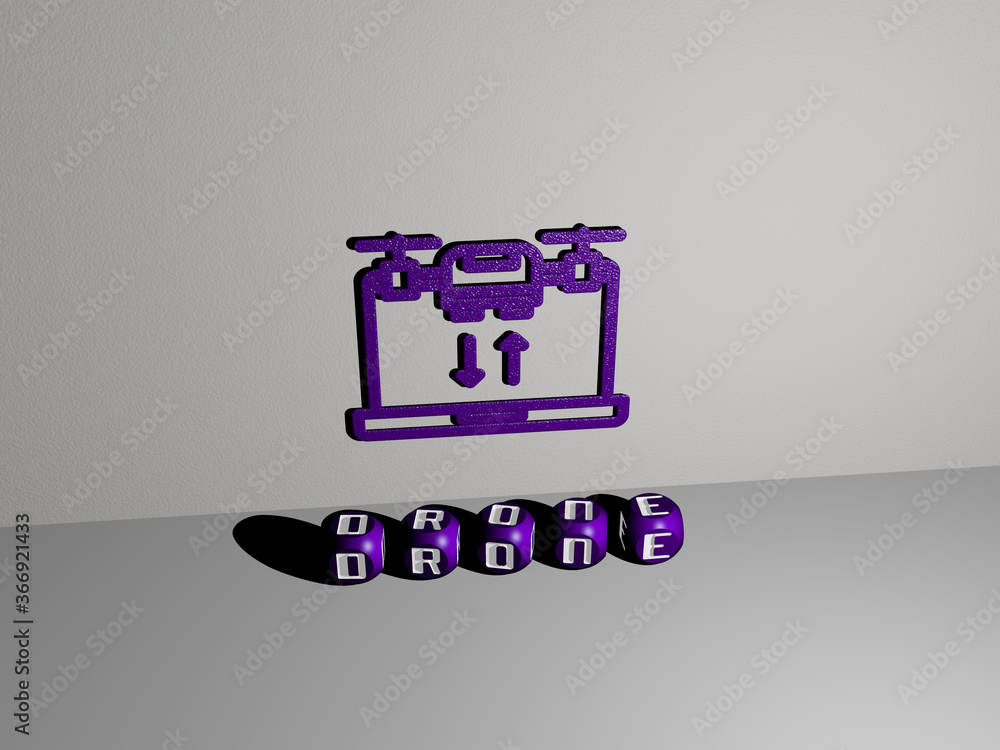 Poster 3d representation of drone with icon on the wall and text arranged by metallic cubic letters on a mi
