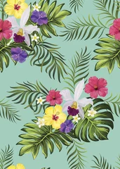 Schilderijen op glas Tropical floral seamless pattern with exotic palm leaves. Trendy summer print with hibiscus  flowers. © Logunova  Elena
