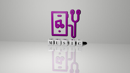 3D graphical image of music vertically along with text built by metallic cubic letters from the top perspective, excellent for the concept presentation and slideshows. illustration and background