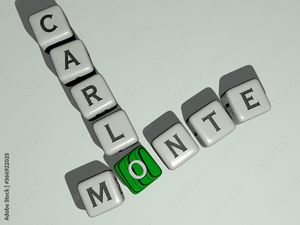 Poster monte carlo combined by dice letters and color crossing for the related meanings of the concept. ita