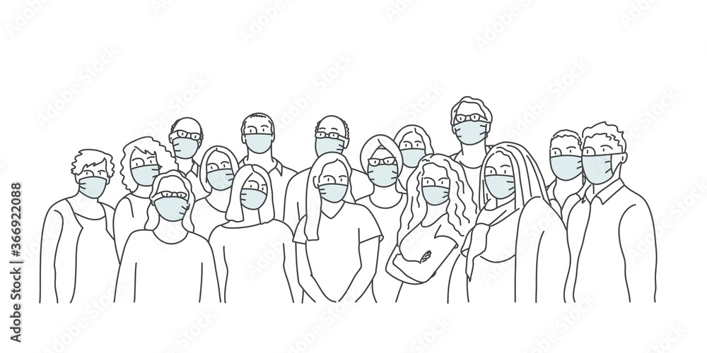 Wall mural Line drawing vector illustration. Crowd of people wearing protective masks. - Wall murals
