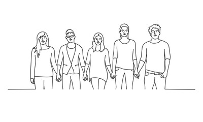Group of students. Line drawing vector illustration.
