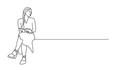 Line drawing vector illustration of sitting girl with a book.