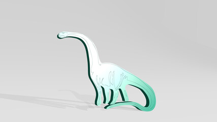 DINOSAUR on the wall. 3D illustration of metallic sculpture over a white background with mild texture. animal and cartoon