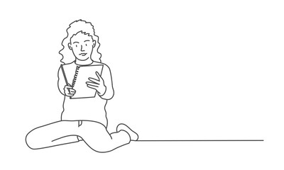 Girl with sketchbook and pencil. Line drawing vector illustration.