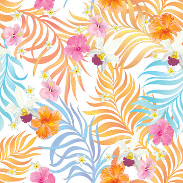 Tropical floral seamless pattern with exotic palm leaves. Trendy summer print with hibiscus  flowers.