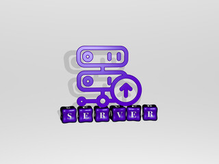 3D graphical image of SERVER vertically along with text built by metallic cubic letters from the top perspective, excellent for the concept presentation and slideshows. data and illustration