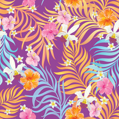 Tropical floral seamless pattern with exotic palm leaves. Trendy summer print with hibiscus  flowers.