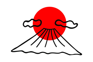 Japanese traditional symbol red sun, sunrise on mount Fuji in ink Isolated on white background. Hand drawn vector decorative element in doodle style for decoration, postcard, flyer, banner or website