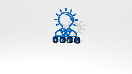 3D illustration of IDEA graphics and text made by metallic dice letters for the related meanings of the concept and presentations. background and business
