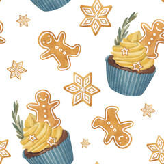 Fototapeta na wymiar Watercolor seamless pattern with Christmas muffins. Cute Xmas background for wallpaper, gift paper, pattern fills, textile, greetings cards. Christmas background with gingerbread man and muffins.
