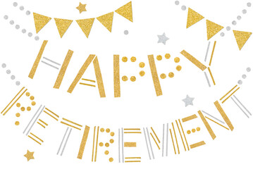 Happy retirement gold bunting paper cut on white background - isolated
