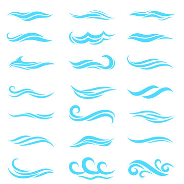 
Silhouette of stylized vector blue waves isolate on white. Wave ocean and water curve splash and ripple illustration.