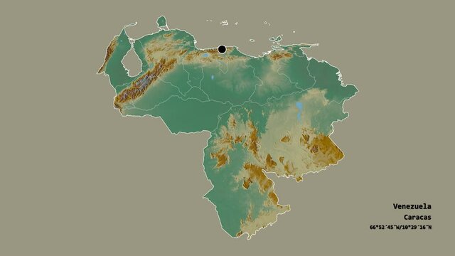 Zulia, state of Venezuela, with its capital, localized, outlined and zoomed with informative overlays on a relief map in the Stereographic projection. Animation 3D
