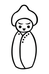 Single black and white Japanese kokeshi doll in ink Isolated on white background. Hand drawn vector decorative element in doodle style for decoration, postcard, flyer, banner, stickers or website