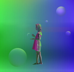 Vector illustration of a girl with balloons, abstract background with neon light - 366923433